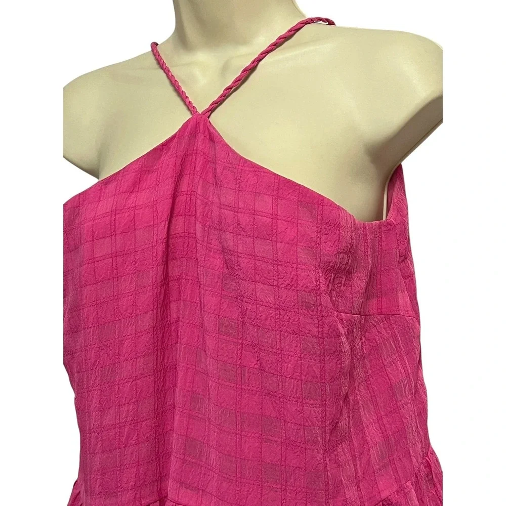 Gilli Tiered Halter Mini Dress Womens Large Pink Plaid Braided Straps Boho Girly